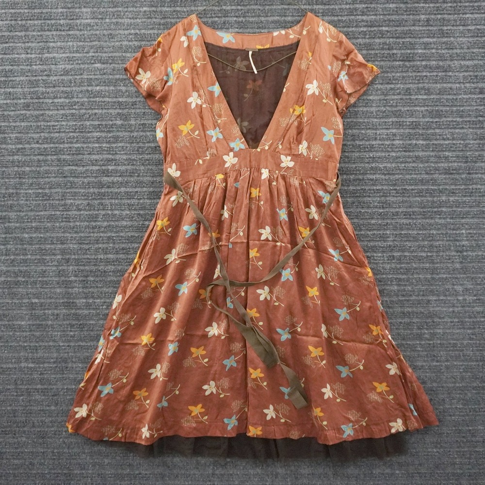 Free People Floral Silk Mini Dress Women Size 6 Brown Boho V-Neck Tie Waist